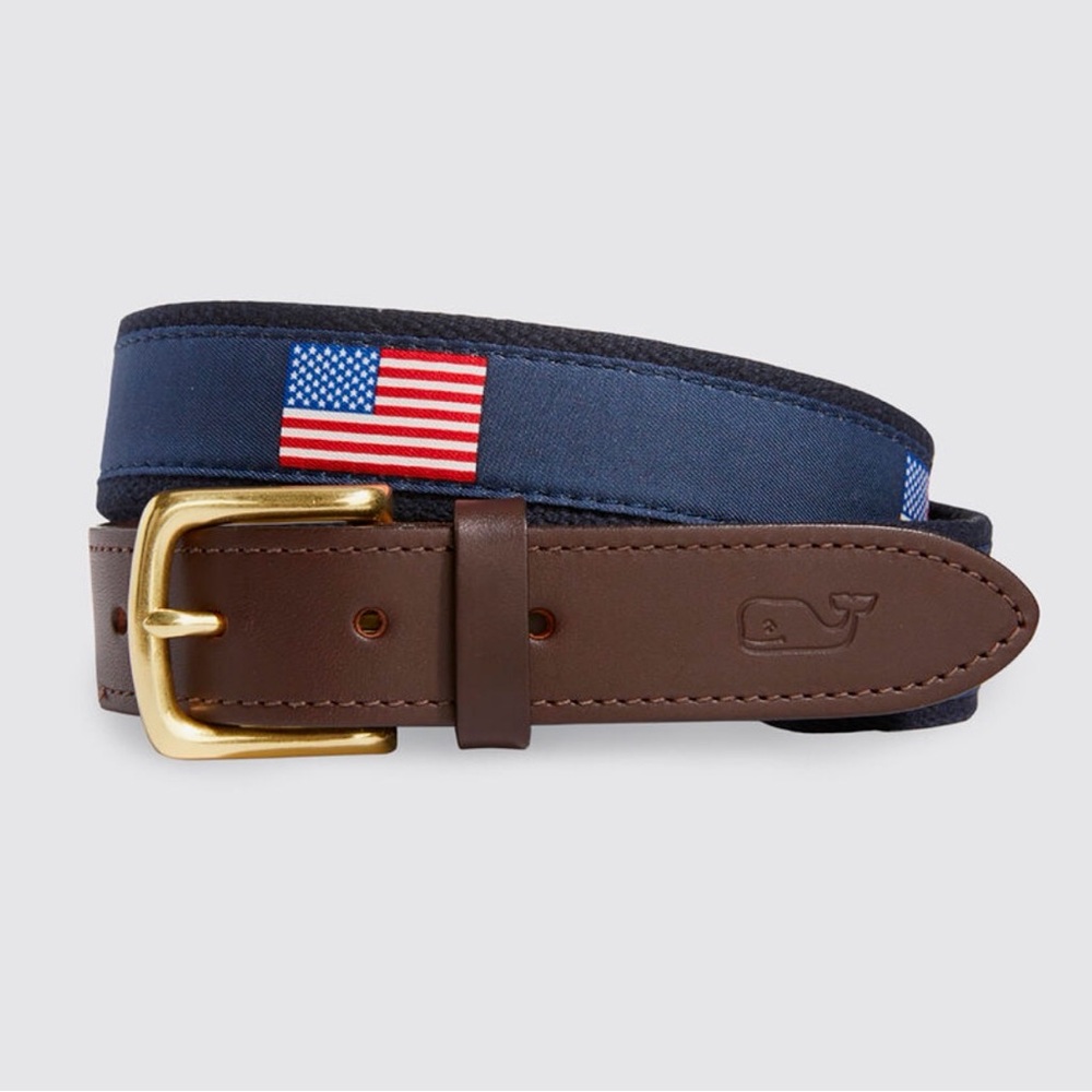 Vineyard Vines Navy Blue Belt with Brown Leather and American Flag